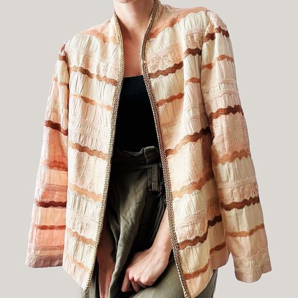 Vintage R&M Richards - Cream Tan Fall Boho Bohemian Stripes Blazer - Size 12 - Picture 3 of 11
